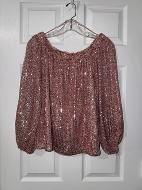 Vine & Love Peach Sequin Off-Shoulder Blouse